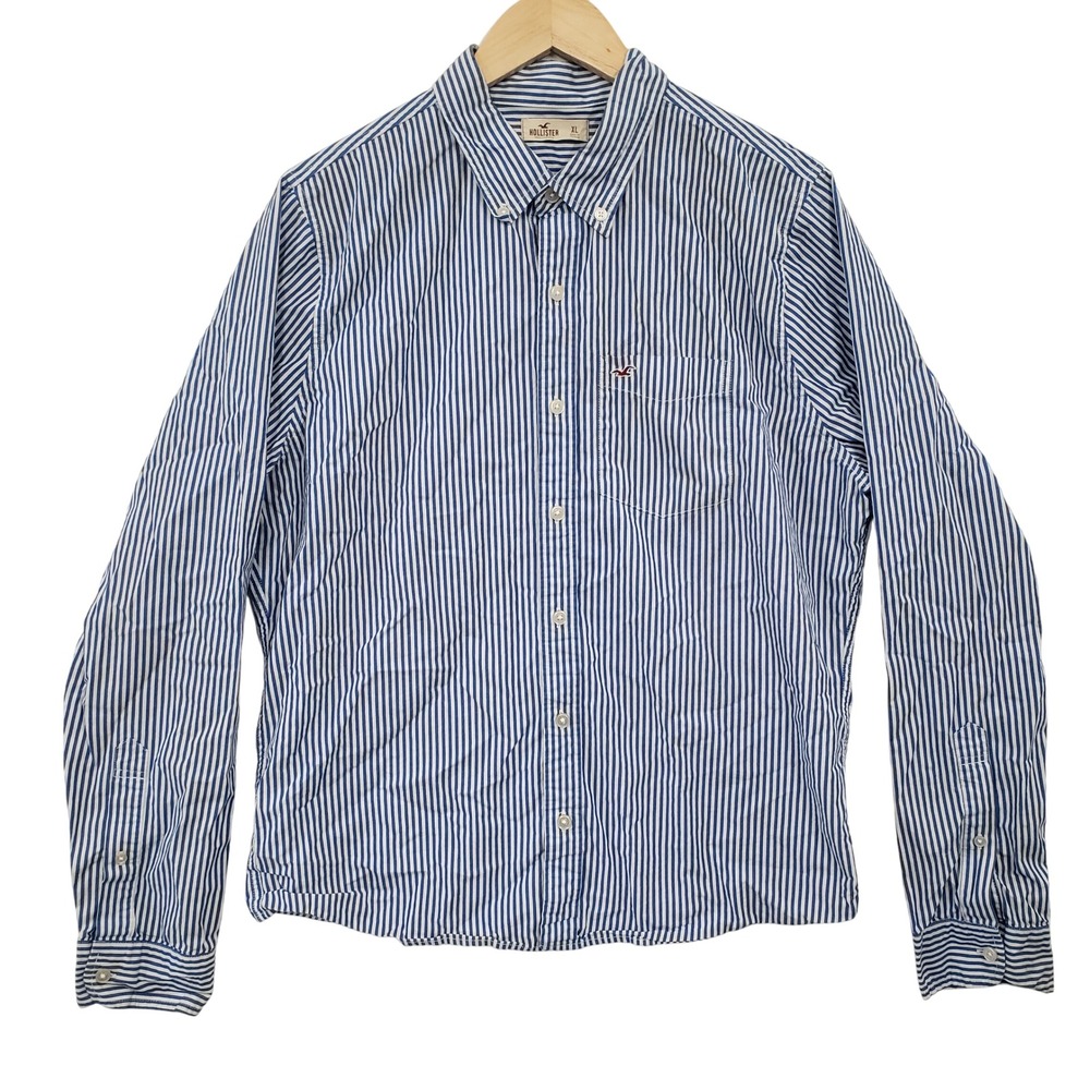 Hollister Mens Striped Button Down Shirt‎ Long Sleeve XL Blue White Casual Top